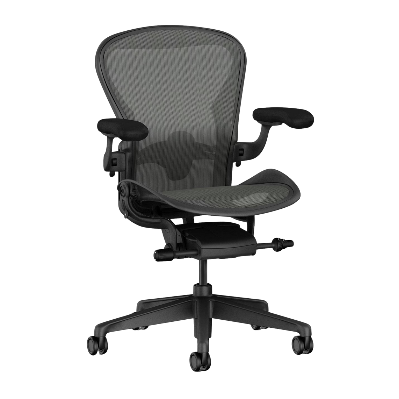 The Aeron Chair from Herman Miller with the adjustable lumbar support back support in graphite and graphite.