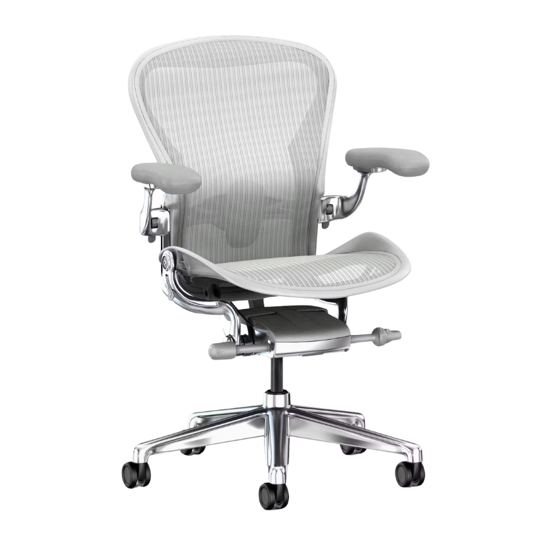 The Aeron Chair from Herman Miller with the adjustable lumbar support back support in mineral and polished aluminum.