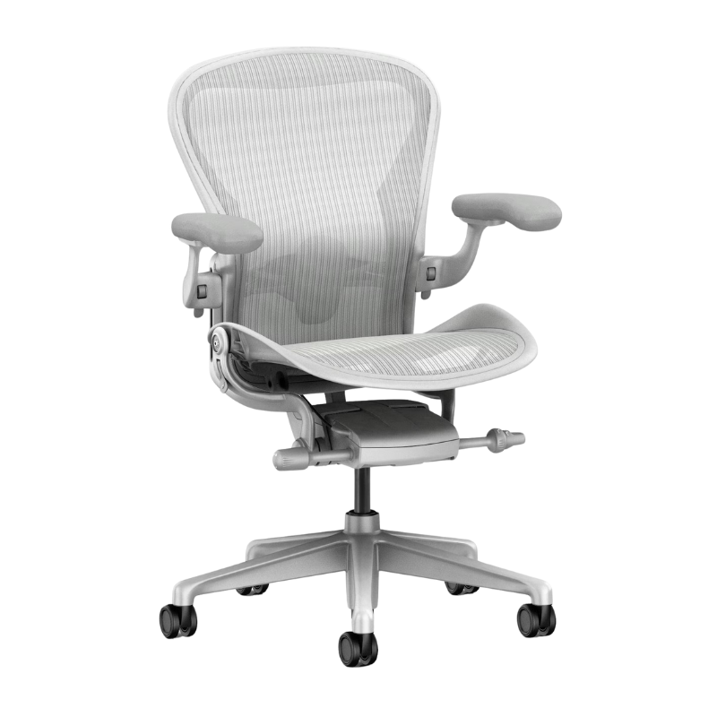 The Aeron Chair from Herman Miller with the adjustable lumbar support back support in mineral and satin aluminum.