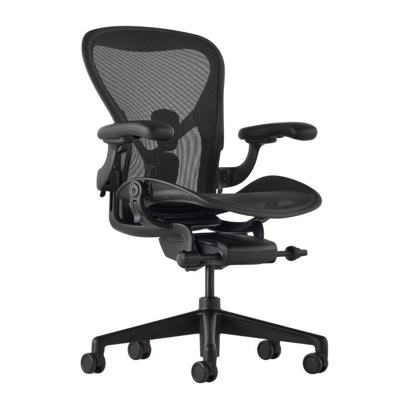 The Aeron Chair from Herman Miller with the adjustable posturefit SL back support in black and onyx ultra matte.