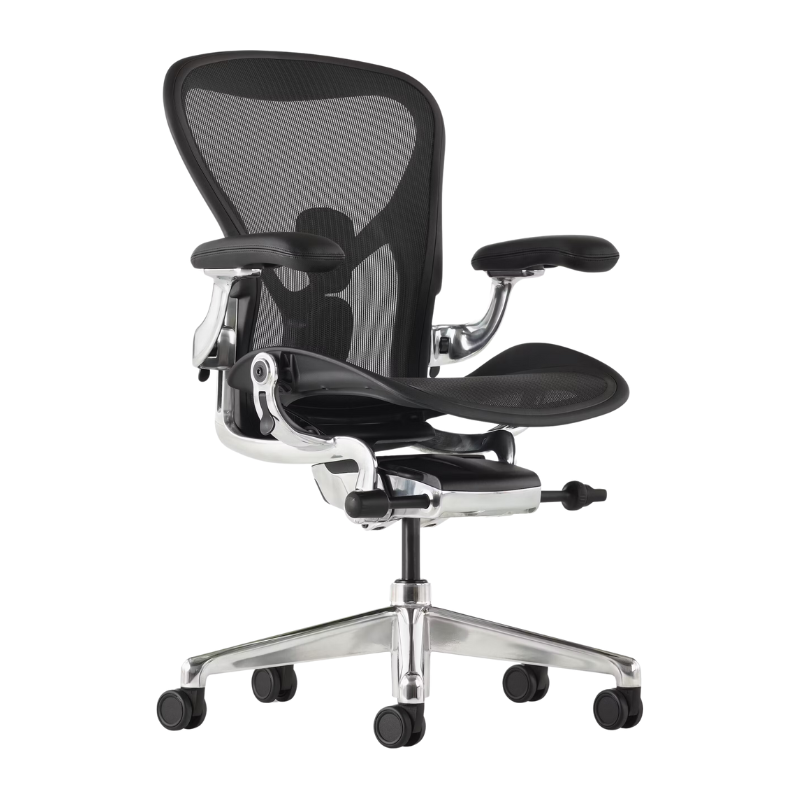 The Aeron Chair from Herman Miller with the adjustable posturefit SL back support in black and polished aluminum.
