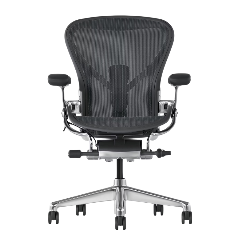 The Aeron Chair from Herman Miller with the adjustable posturefit SL back support in graphite and polished aluminum.