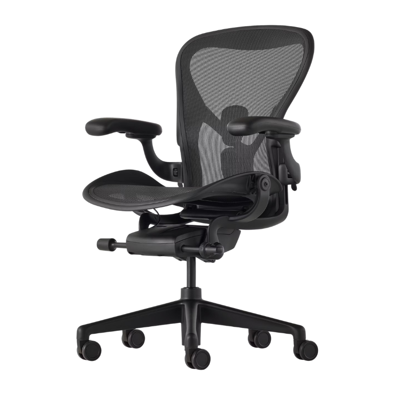 The Aeron Chair from Herman Miller with adjustable posturefit SL back support in black and onyx ultra matte angled.