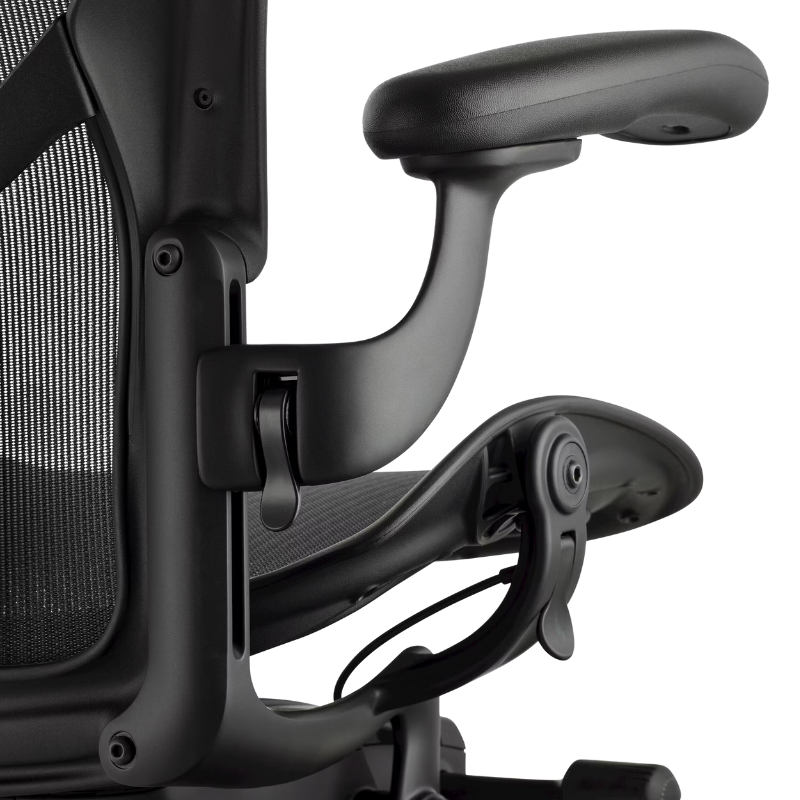 The Aeron Chair from Herman Miller with adjustable posturefit SL back support in black and onyx ultra matte showing the arm rest.