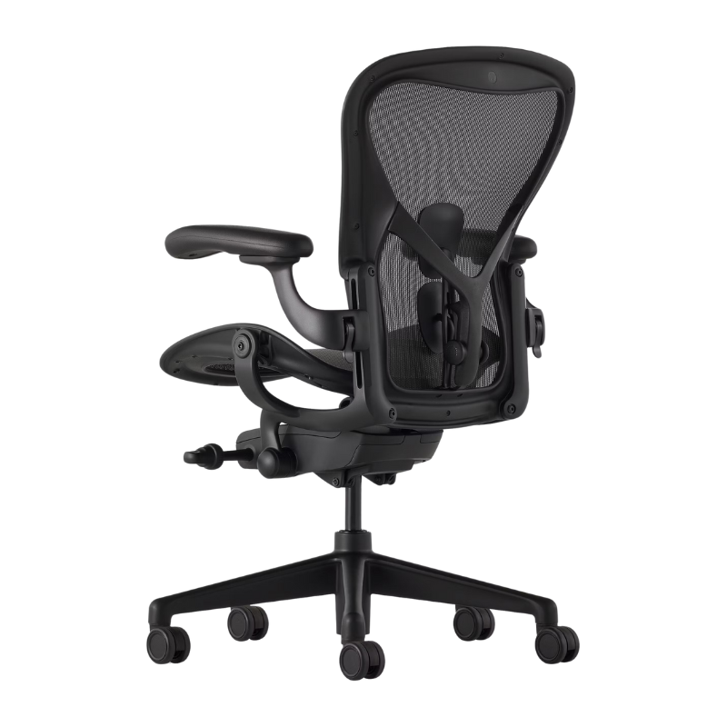 The Aeron Chair from Herman Miller with adjustable posturefit SL back support in black and onyx ultra matte showing the back.