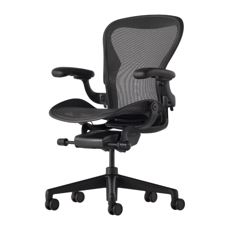 The Aeron Chair from Herman Miller with the basic back support in black and onyx ultra matte.