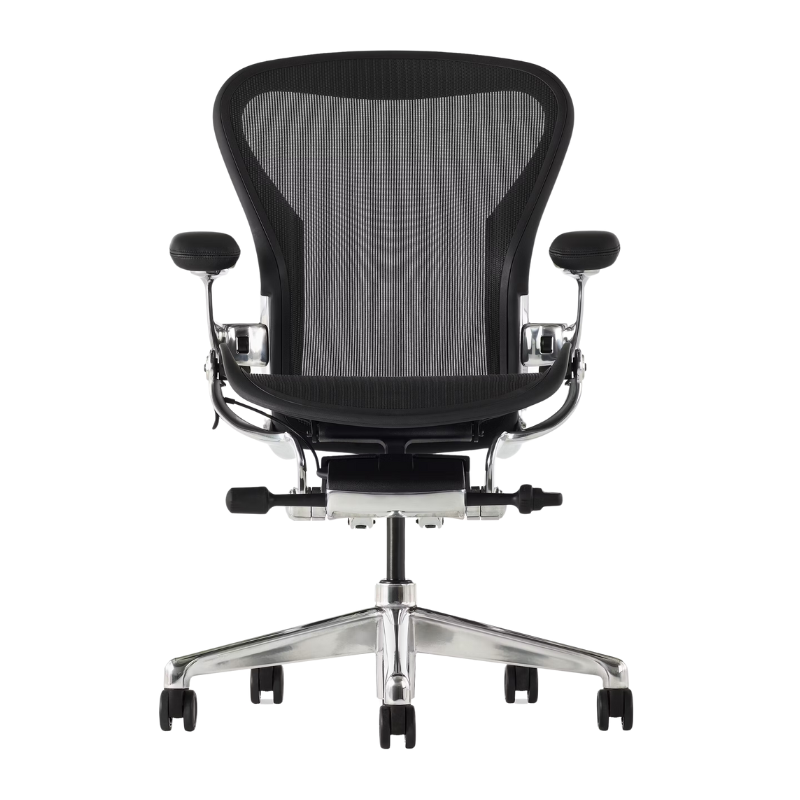 The Aeron Chair from Herman Miller with the basic back support in black and polished aluminum.