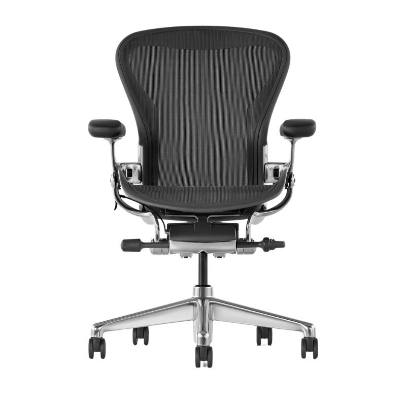 The Aeron Chair from Herman Miller with the basic back support in graphite and polished aluminum.