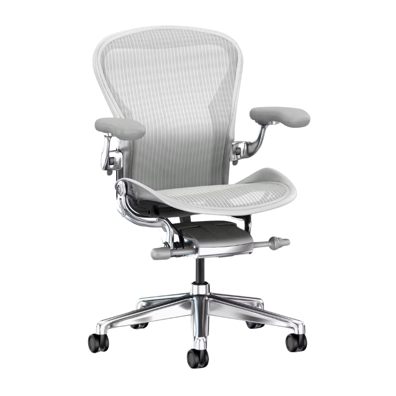 The Aeron Chair from Herman Miller with the basic back support in mineral and polished aluminum.