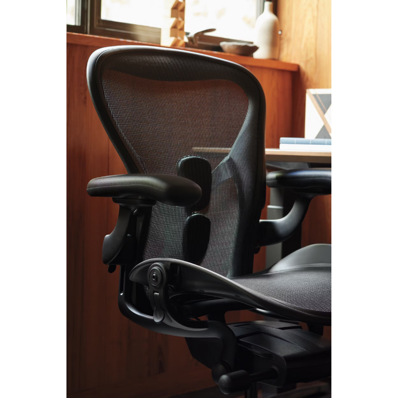 The Aeron Chair from Herman Miller in a photograph highlighting the elastomeric suspension seat.