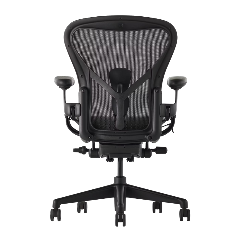 The Aeron Chair from Herman Miller with adjustable posturefit SL back support in black and onyx ultra matte from the rear.