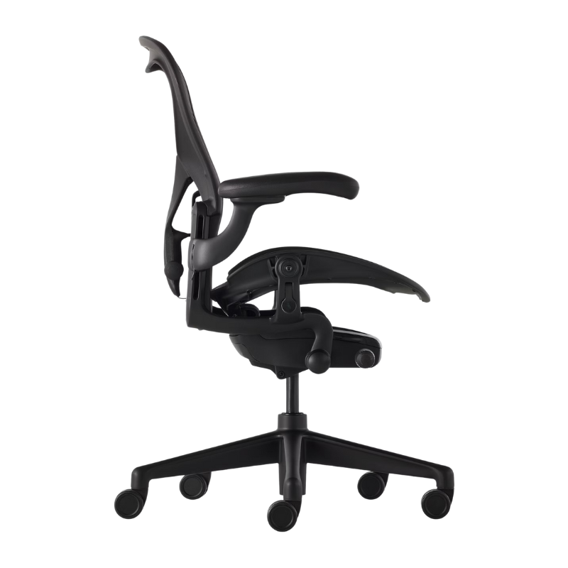 The Aeron Chair from Herman Miller with adjustable posturefit SL back support in black and onyx ultra matte from the side.