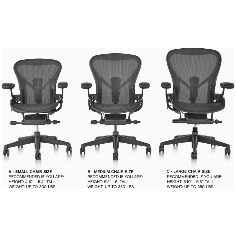 The size options for the Aeron Chair from Herman Miller.