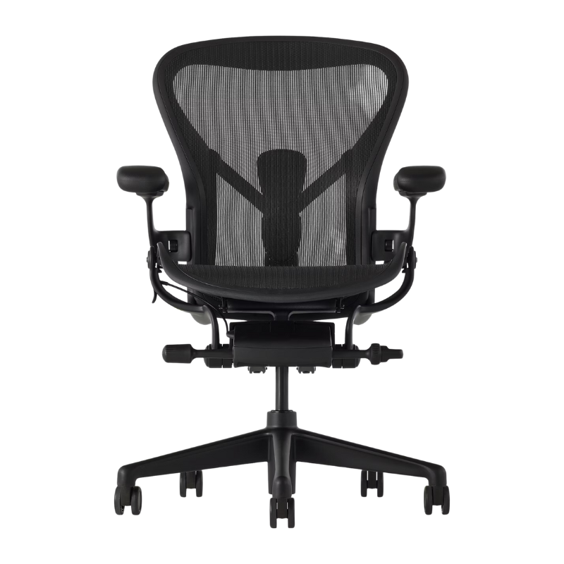 The Aeron Chair from Herman Miller with adjustable posturefit SL back support in black and onyx ultra matte from a straight angle.