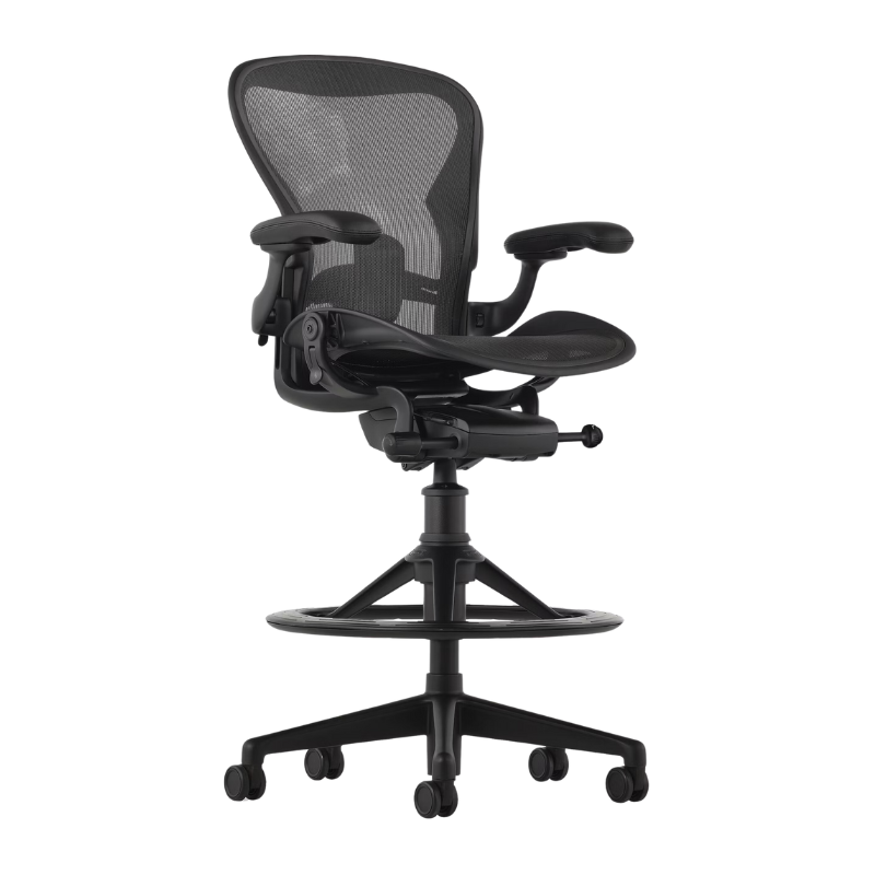 The Aeron Stool from Herman Miller with the adjustable lumbar support back support in black and onyx ultra matte.