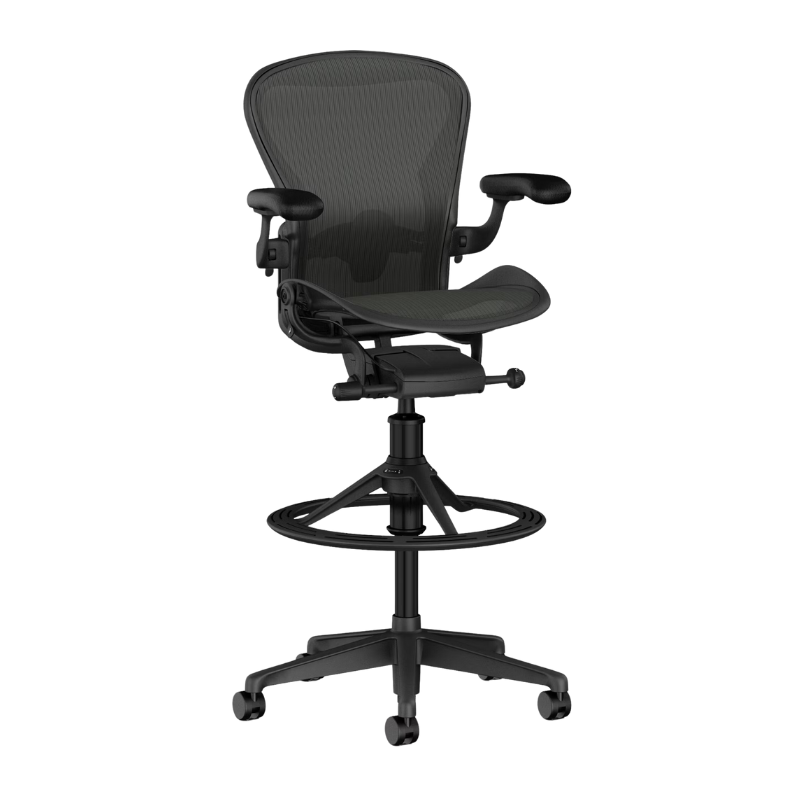 The Aeron Stool from Herman Miller with the adjustable lumbar support back support in graphite and graphite.