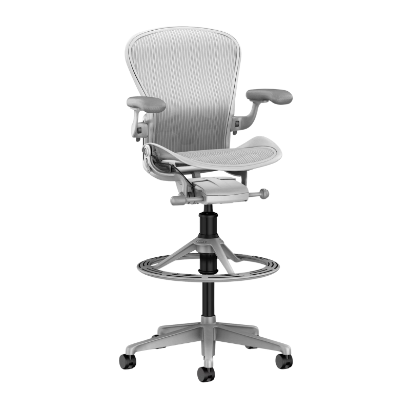 The Aeron Stool from Herman Miller with the adjustable lumbar support back support in mineral and dark mineral.