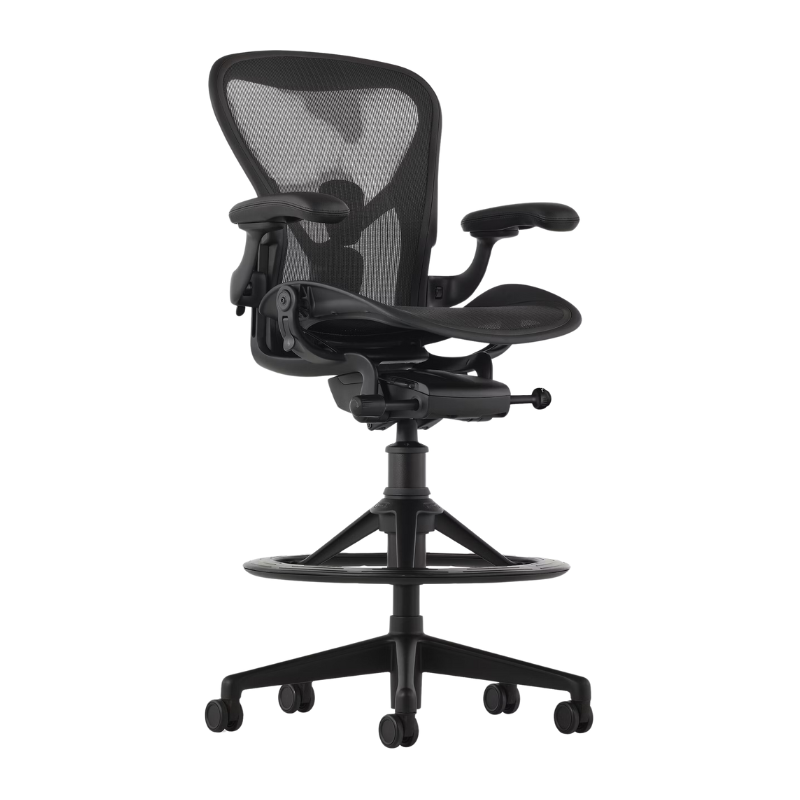 The Aeron Stool from Herman Miller with the adjustable posturefit SL back support in black and onyx ultra matte.