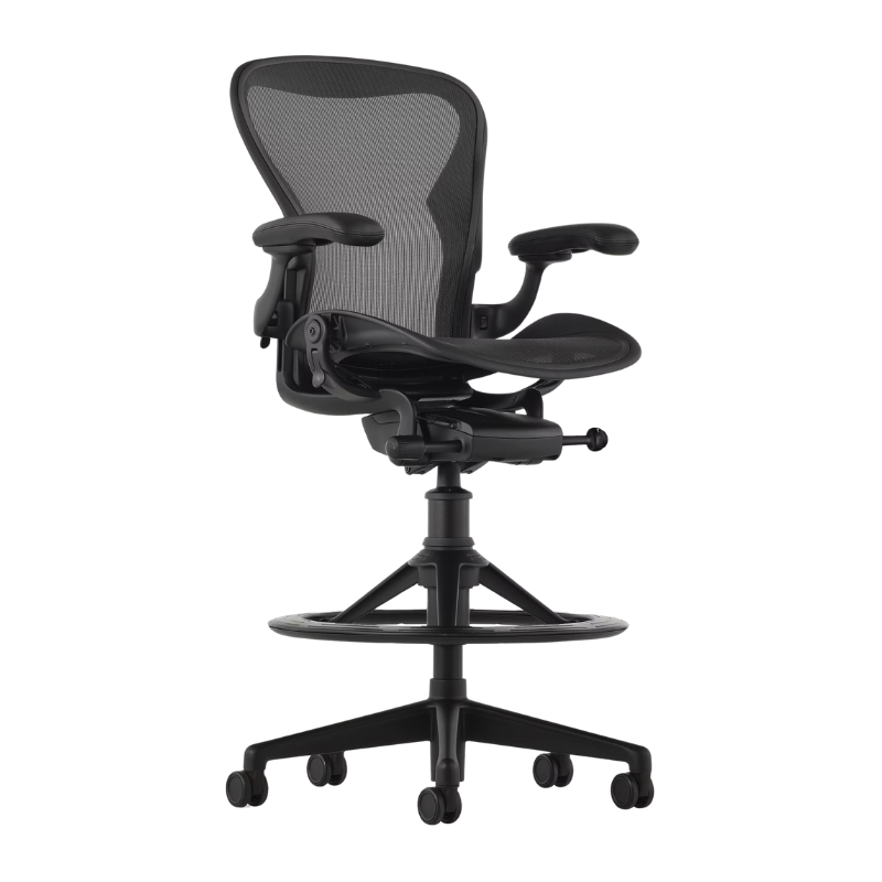 The Aeron Stool from Herman Miller with the zonal basic back support in black and onyx ultra matte.