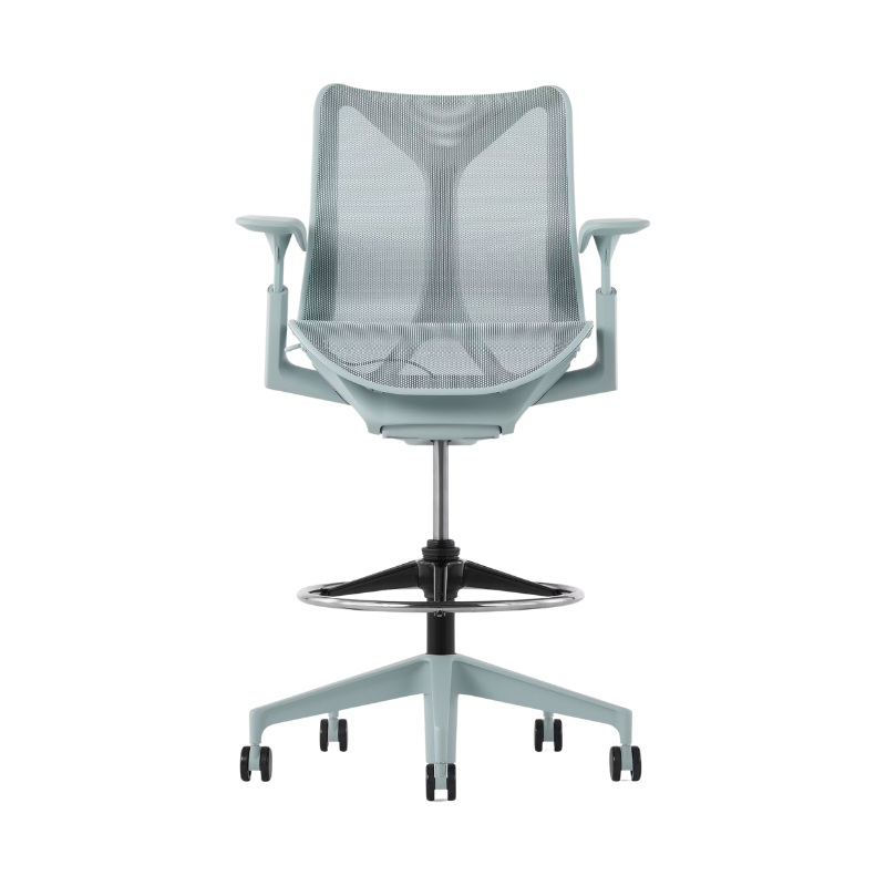 The Cosm Stool from Herman Miller with the low back and adjustable arm in glacier.