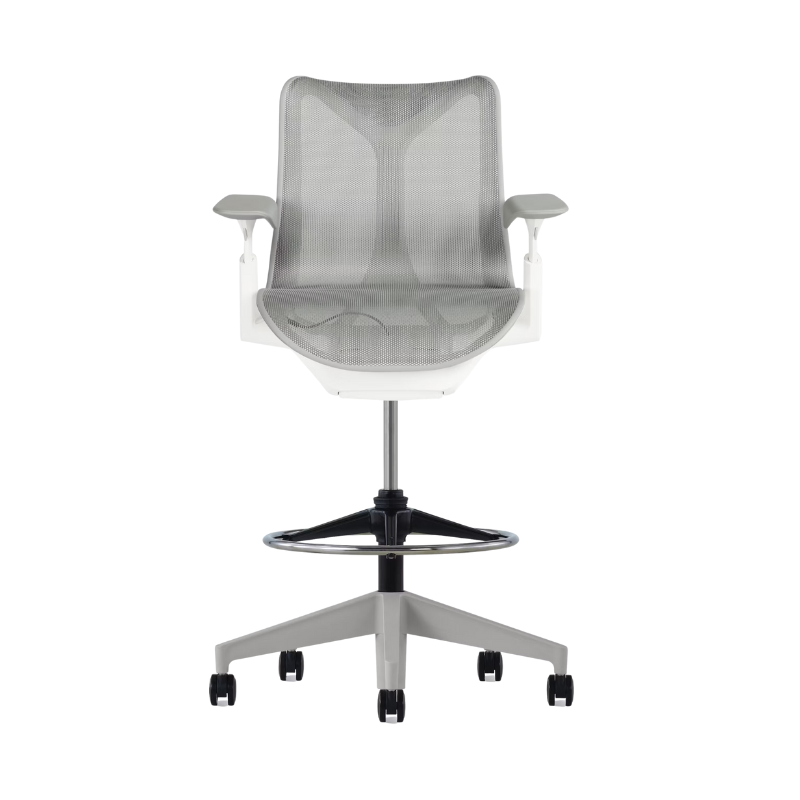 The Cosm Stool from Herman Miller with the low back and adjustable arm in studio white and mineral.