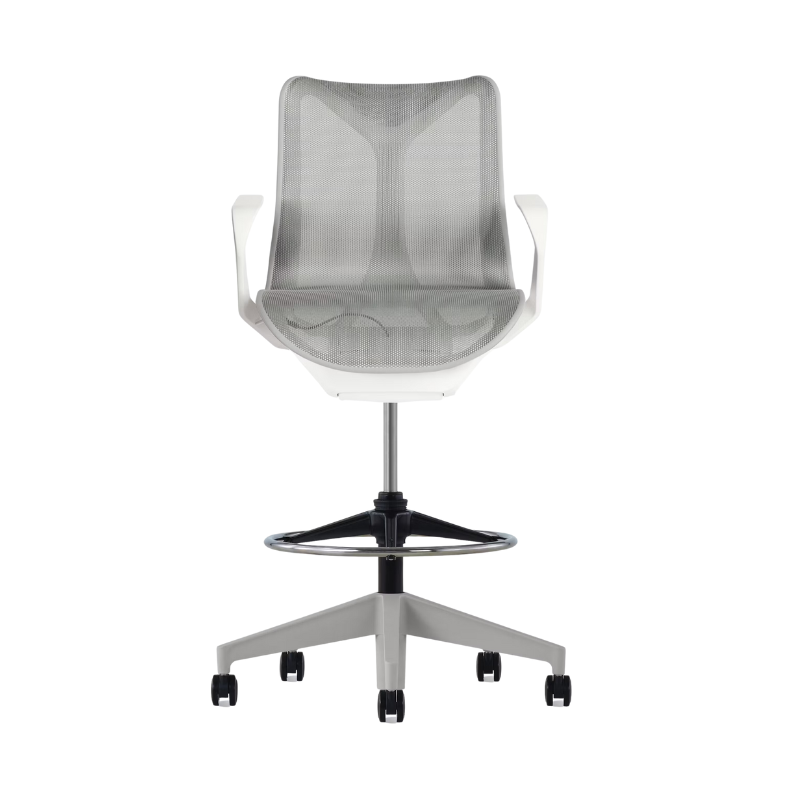 The Cosm Stool from Herman Miller with the low back and fixed arm in studio white and mineral.