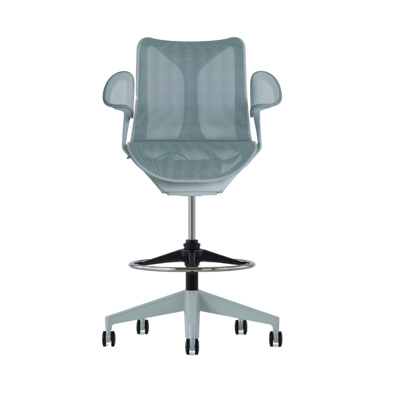 The Cosm Stool from Herman Miller with the low back and leaf arm in glacier.