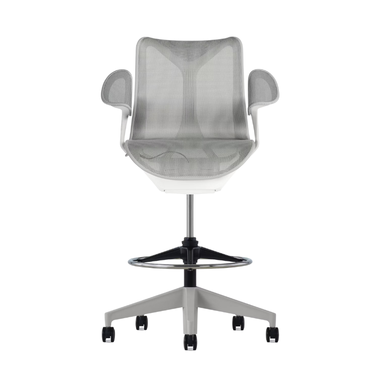 The Cosm Stool from Herman Miller with the low back and leaf arm in studio white and mineral.