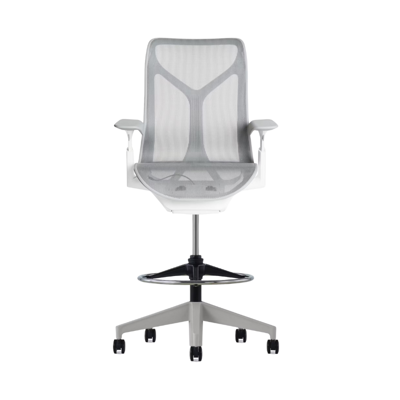 The Cosm Stool from Herman Miller with the mid back and adjustable arm in studio white and mineral.