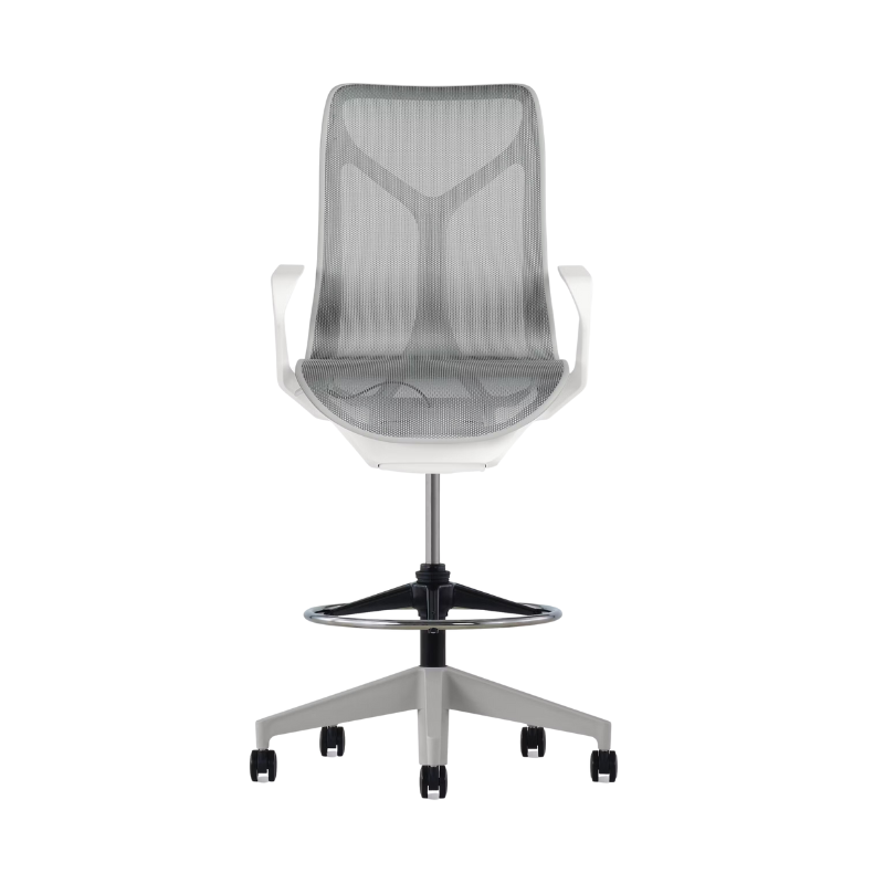 The Cosm Stool from Herman Miller with the mid back and fixed arm in studio white and mineral.