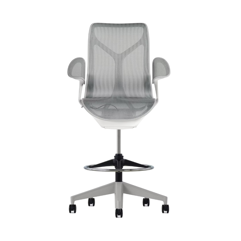 The Cosm Stool from Herman Miller with the mid back and leaf arm in studio white and mineral.