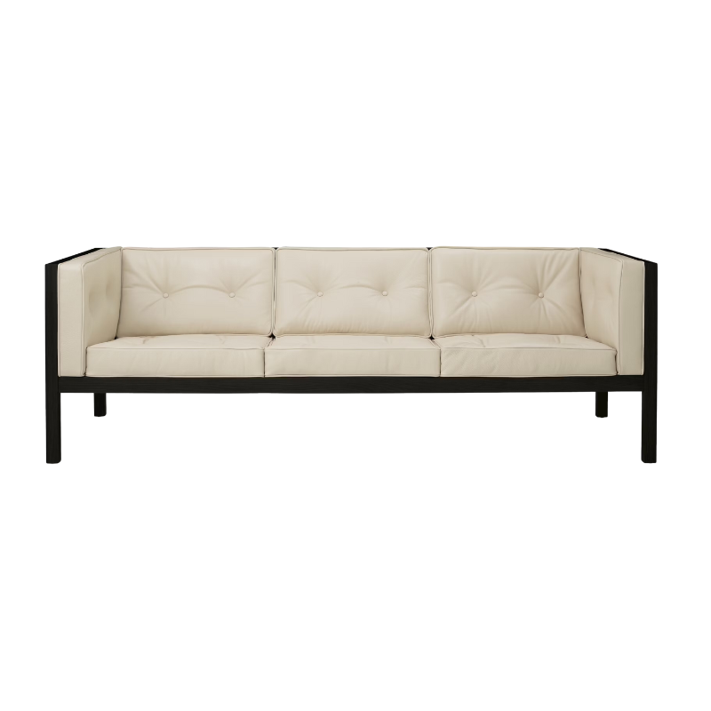 The 80 inch Cube Sofa from Herman Miller with the black stained oak frame and lotus prone leather.