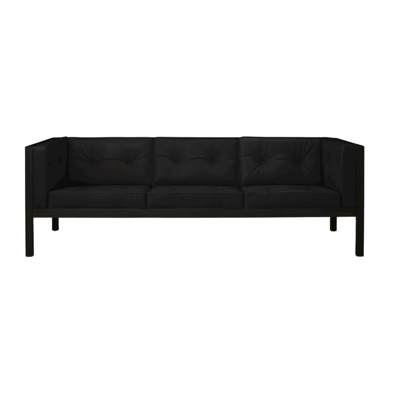 The 80 inch Cube Sofa from Herman Miller with the black stained oak frame and obsidian prone leather.