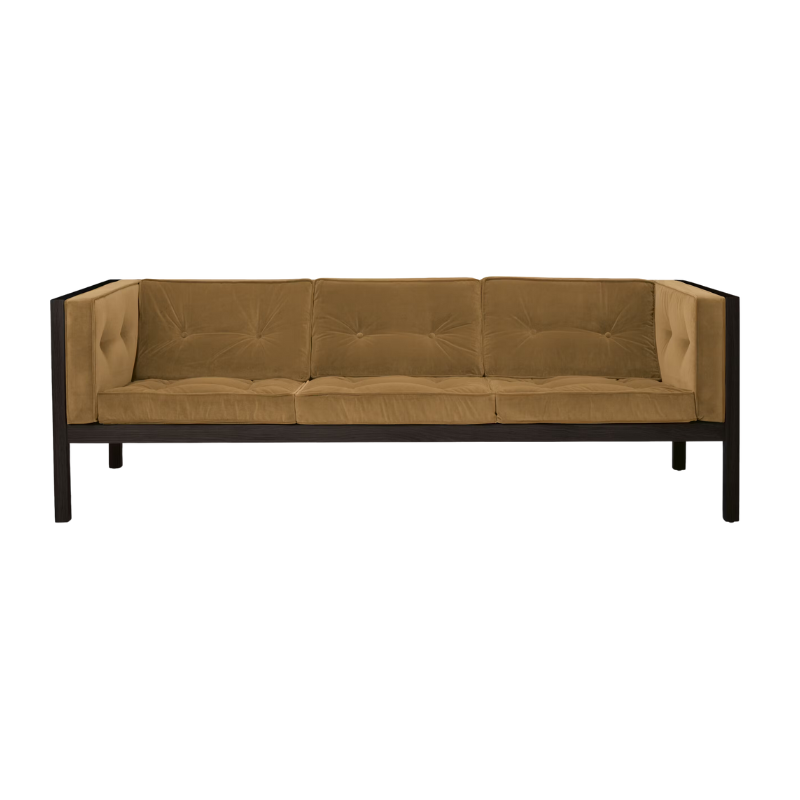 The 80 inch Cube Sofa from Herman Miller with the black stained oak frame and gazelle tempo velvet.