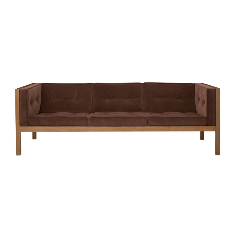 The 80 inch Cube Sofa from Herman Miller with the oak frame and burgundy tempo velvet.
