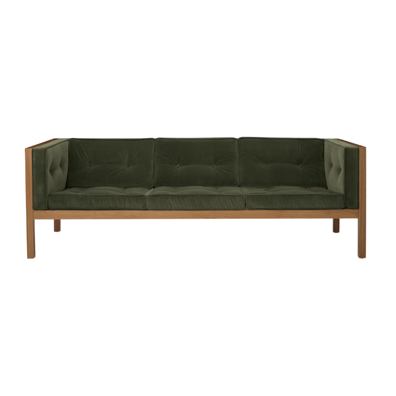 The 80 inch Cube Sofa from Herman Miller with the oak frame and farmland tempo velvet.
