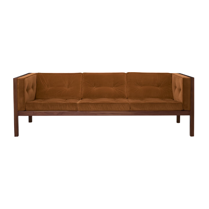 The 80 inch Cube Sofa from Herman Miller with the walnut frame and flaxseed tempo velvet.