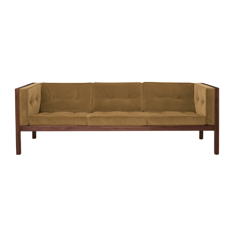 The 80 inch Cube Sofa from Herman Miller with the walnut frame and gazelle tempo velvet.