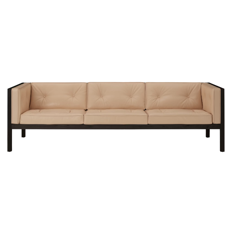 The 92 inch Cube Sofa from Herman Miller with the black stained oak frame and balsa prone leather.