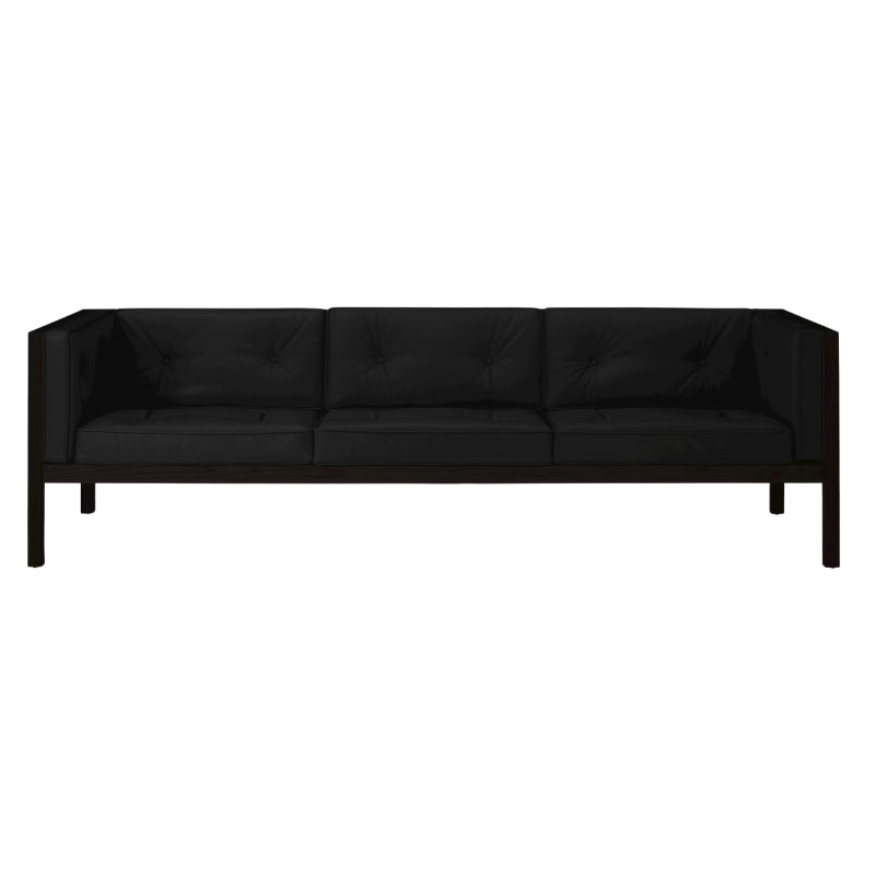 The 92 inch Cube Sofa from Herman Miller with the black stained oak frame and obsidian prone leather.