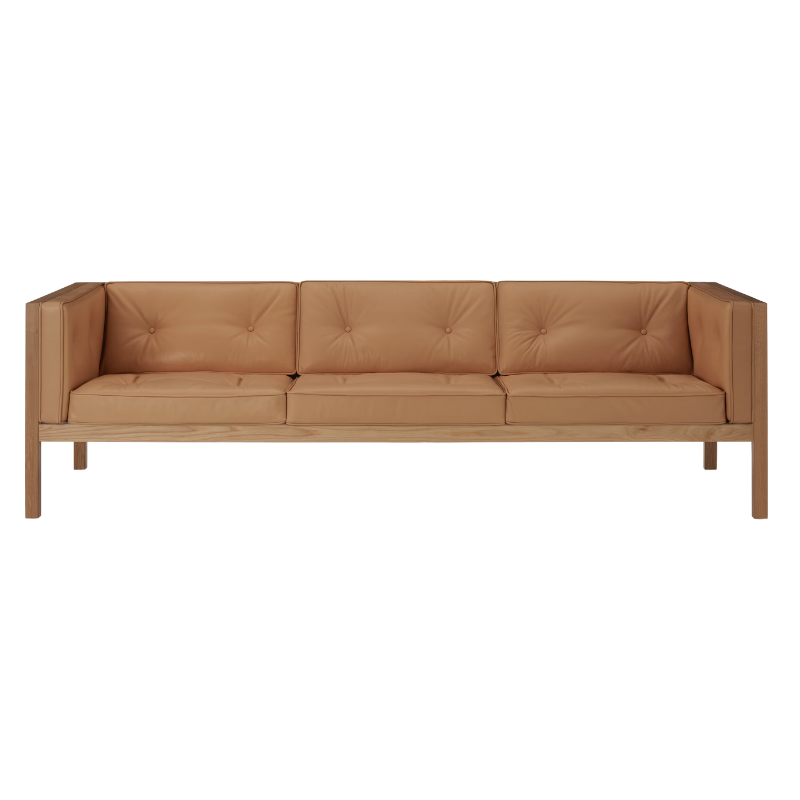 The 92 inch Cube Sofa from Herman Miller with the oak frame and shore prone leather.