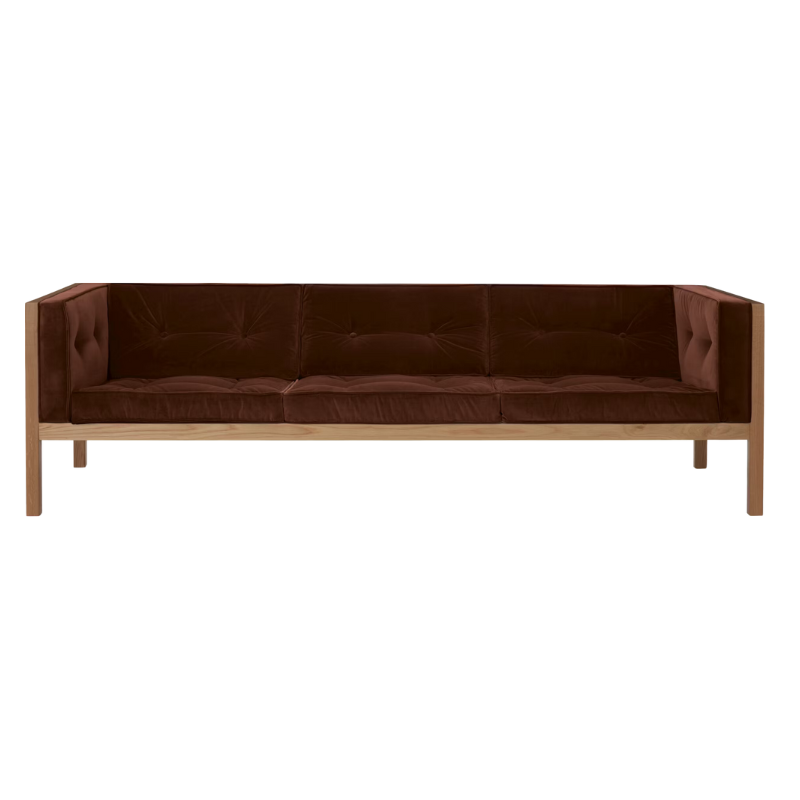 The 92 inch Cube Sofa from Herman Miller with the oak frame and burgundy tempo velvet.