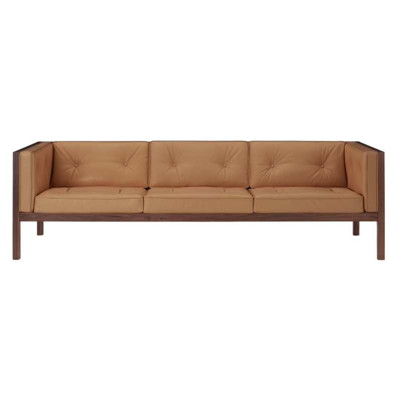 The 92 inch Cube Sofa from Herman Miller with the walnut frame and shore prone leather.