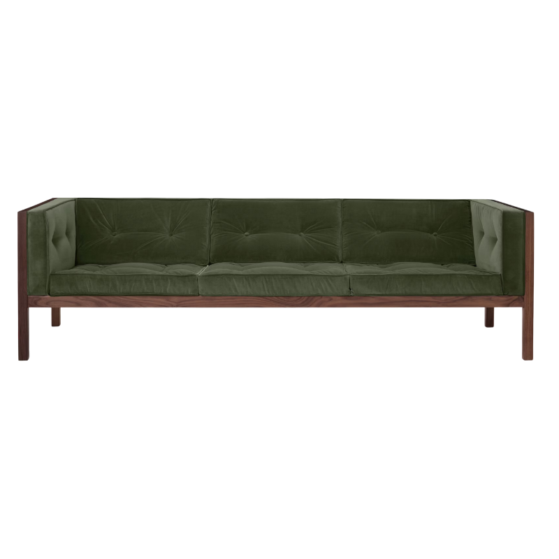 The 92 inch Cube Sofa from Herman Miller with the walnut frame and farmland tempo velvet.