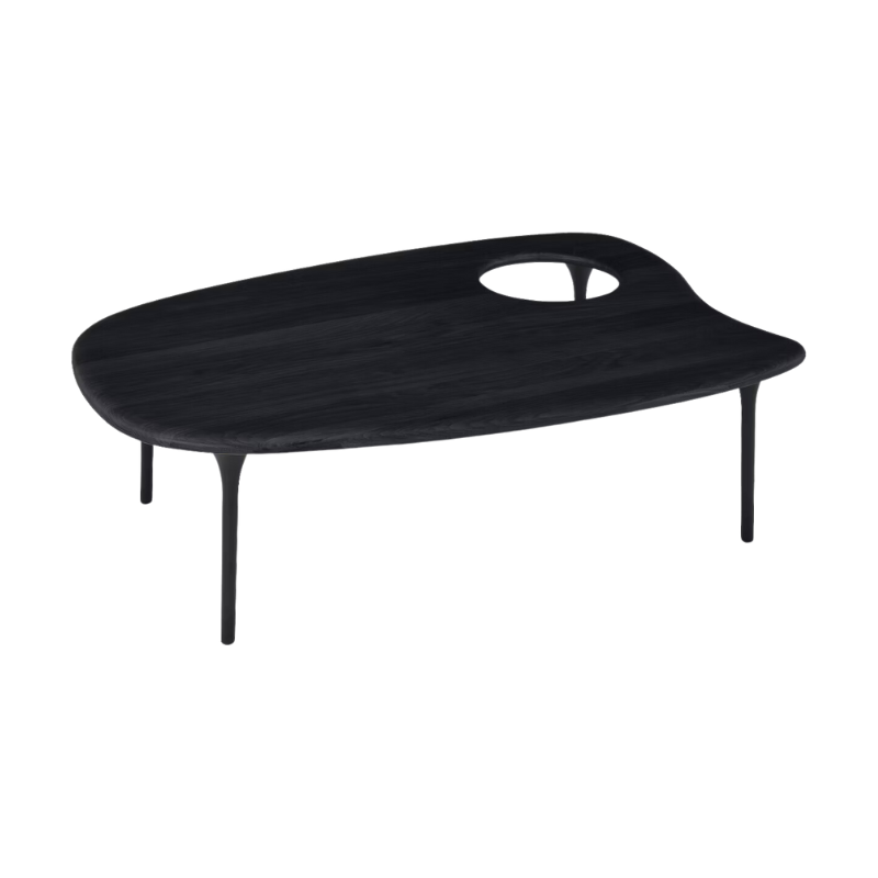 The Cyclade Table from Herman Miller in low, without a bowl, in black.