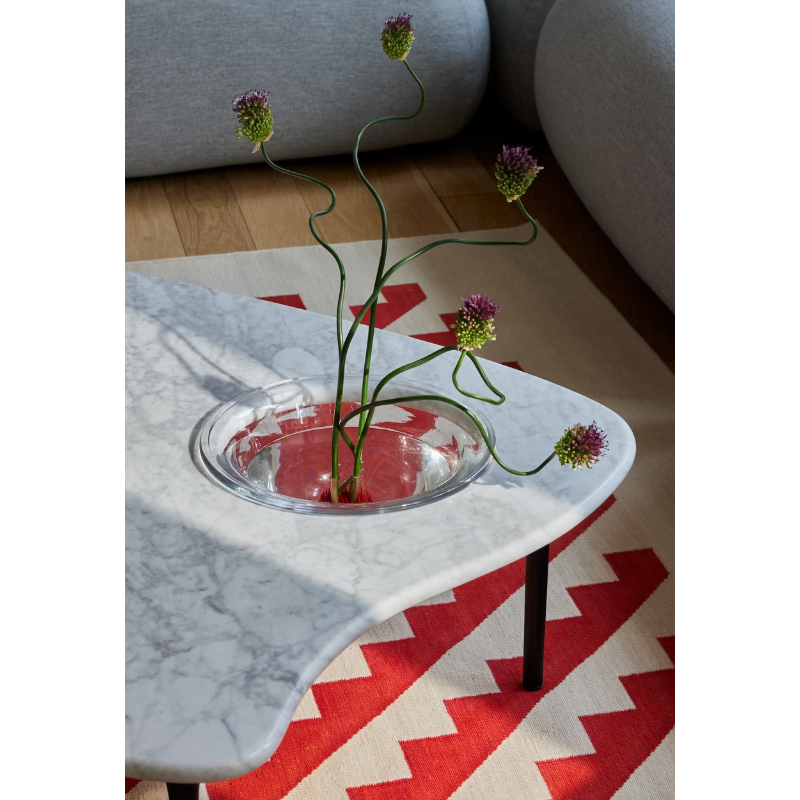 The low carrara marble Cyclade Table from Herman Miller with the cast-glass bowl storing a plant.