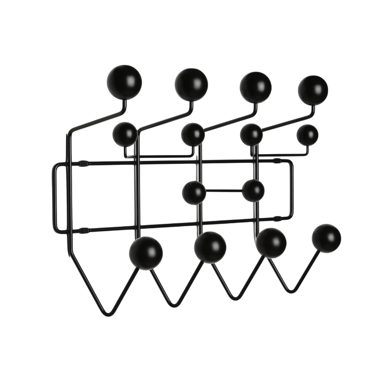 The Eames Hang-It-All, originally released in 1953, exemplifies the Eameses' belief in taking pleasure seriously. Made with a sturdy steel frame and solid wood balls, this colorful coat rack was created using the same technique for simultaneously welding wires that Charles and Ray developed for their low tables and wire chairs.