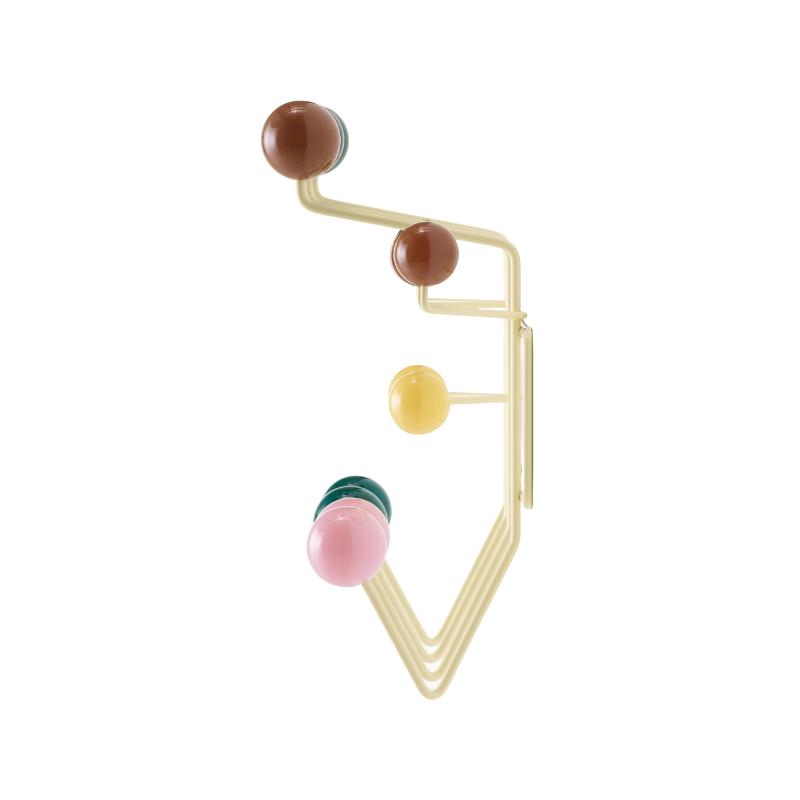 The Eames Hang-It-All rack from Herman Miller, designed by Herman Miller x Hay in powder yellow with a close up on the side.