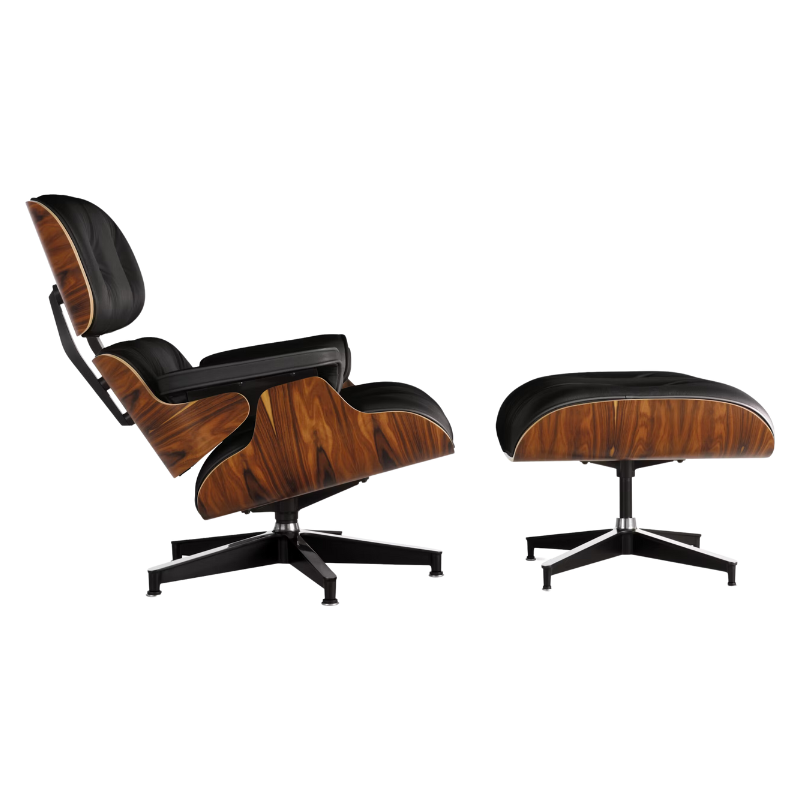 The Eames Lounge Chair and Ottoman from Herman Miller in black all grain leather upholstery with the santos palisander shell.