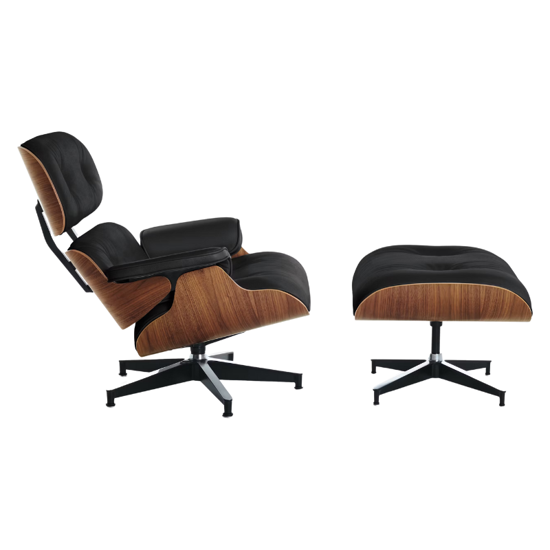 The Eames Lounge Chair and Ottoman from Herman Miller in black all grain leather upholstery with the walnut shell.